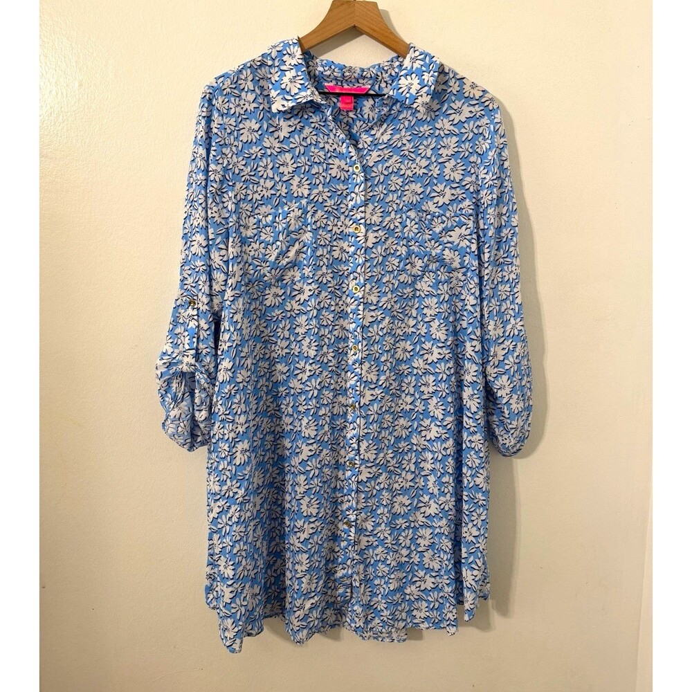 Lilly Pulitzer Natalie Coverup Lunar Blue Palm Beach Petals XXL Vacation Shirt